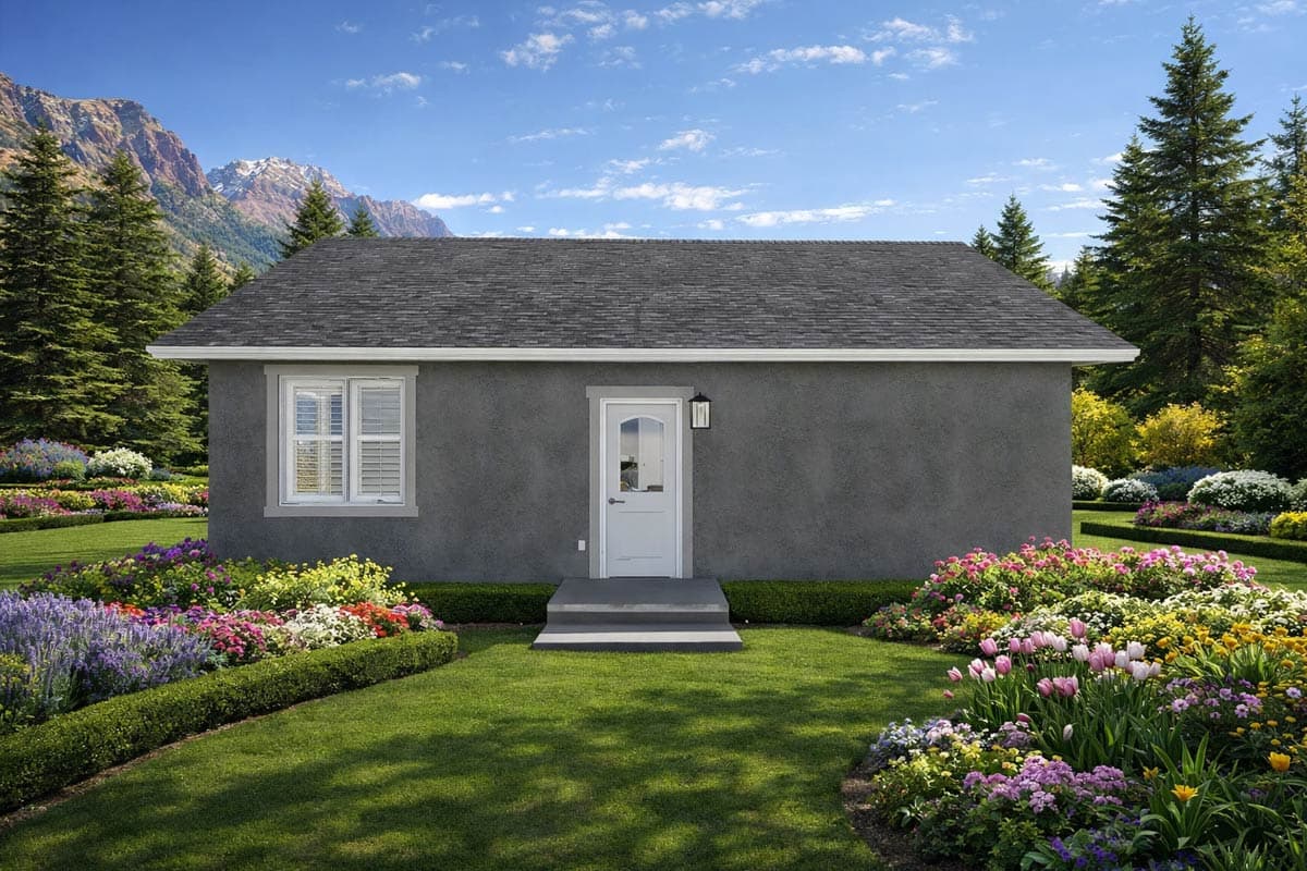 House plan exterior, one story, gray stucco, gabled roof, single door with glass, and one window.