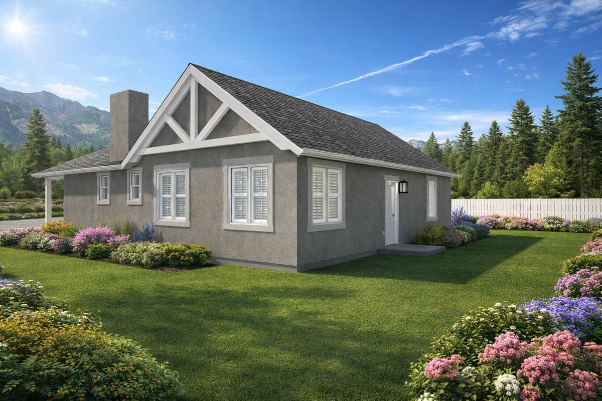 House plan exterior. One-story stucco home with gabled eaves, prominent chimney, and covered porch.