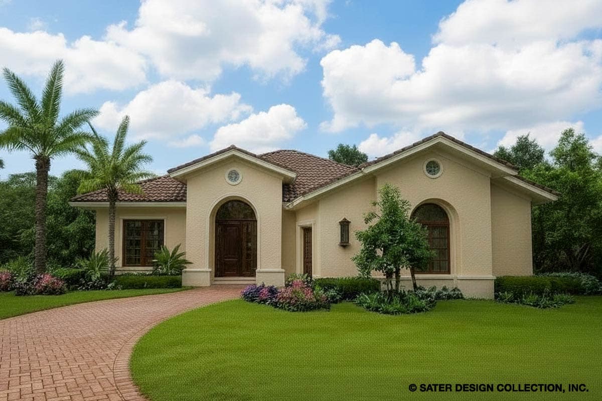 A beige stucco house with a red tile roof, arched entryway, and a winding brick driveway set on a well-manicured lawn.