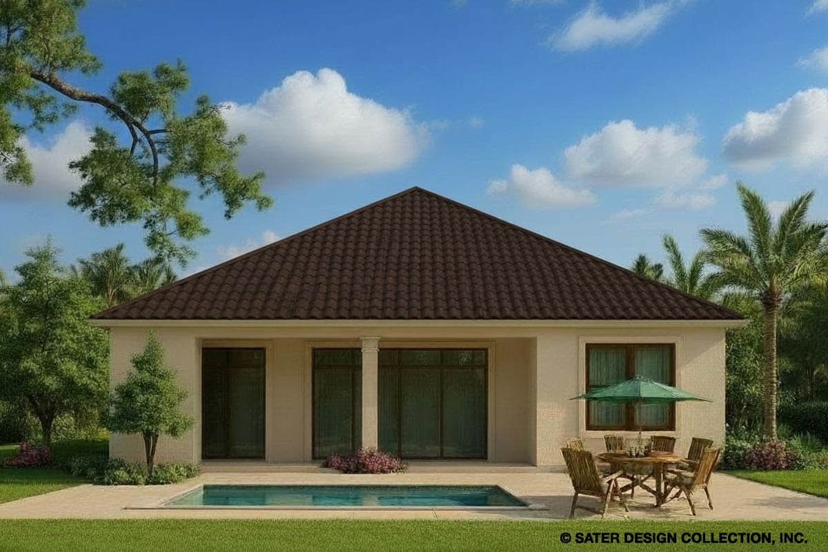 House plan exterior: Single-story home with hip roof, central entrance with two columns, and large windows facing the pool.