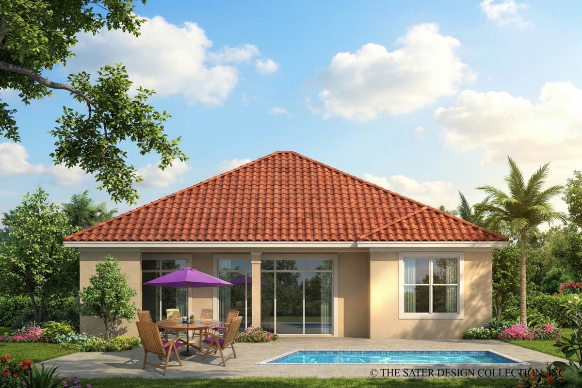 House plan exterior: One-story home with a prominent hipped roof, large sliding glass doors, and a pool.