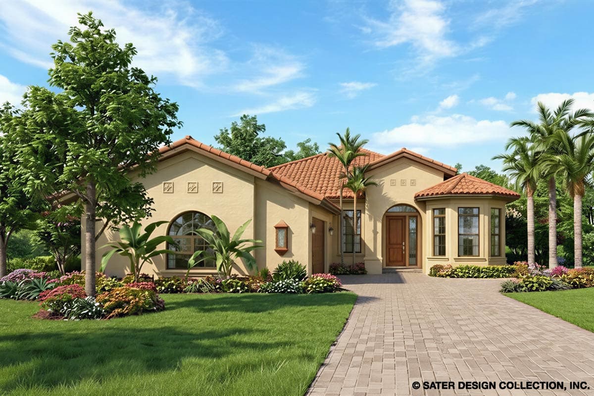 A stucco house with a red tile roof, arched windows, and a paved driveway, surrounded by palm trees and lush landscaping under a blue sky.