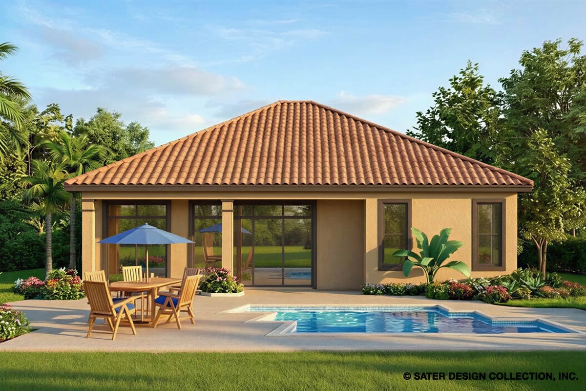 House plan exterior: single-story home with tiled hip roof, large glass doors, and a patio with a pool.