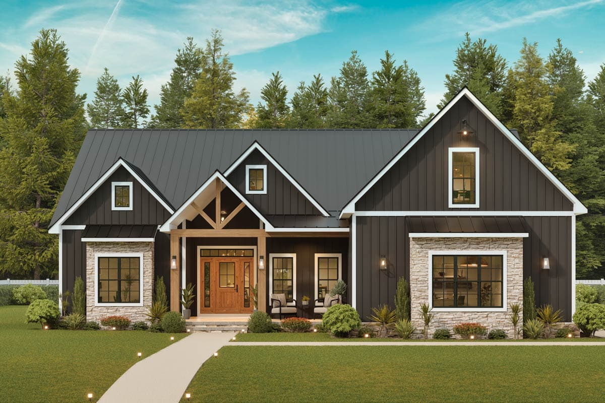 House plan exterior: Modern Farmhouse style, one story, dark siding, stone accents, prominent gables, and exposed wood beams over front entrance.