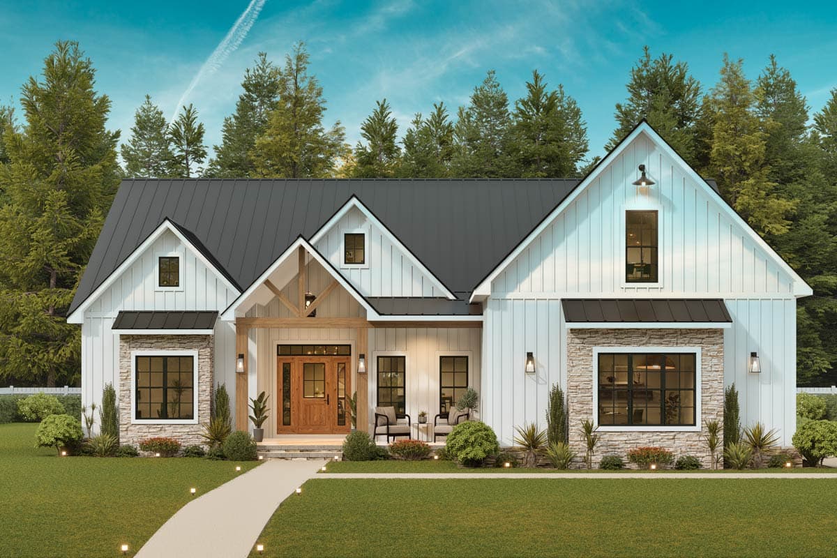 Modern Farmhouse house plan exterior with gables, stone accents, and covered entryway with wood beams.