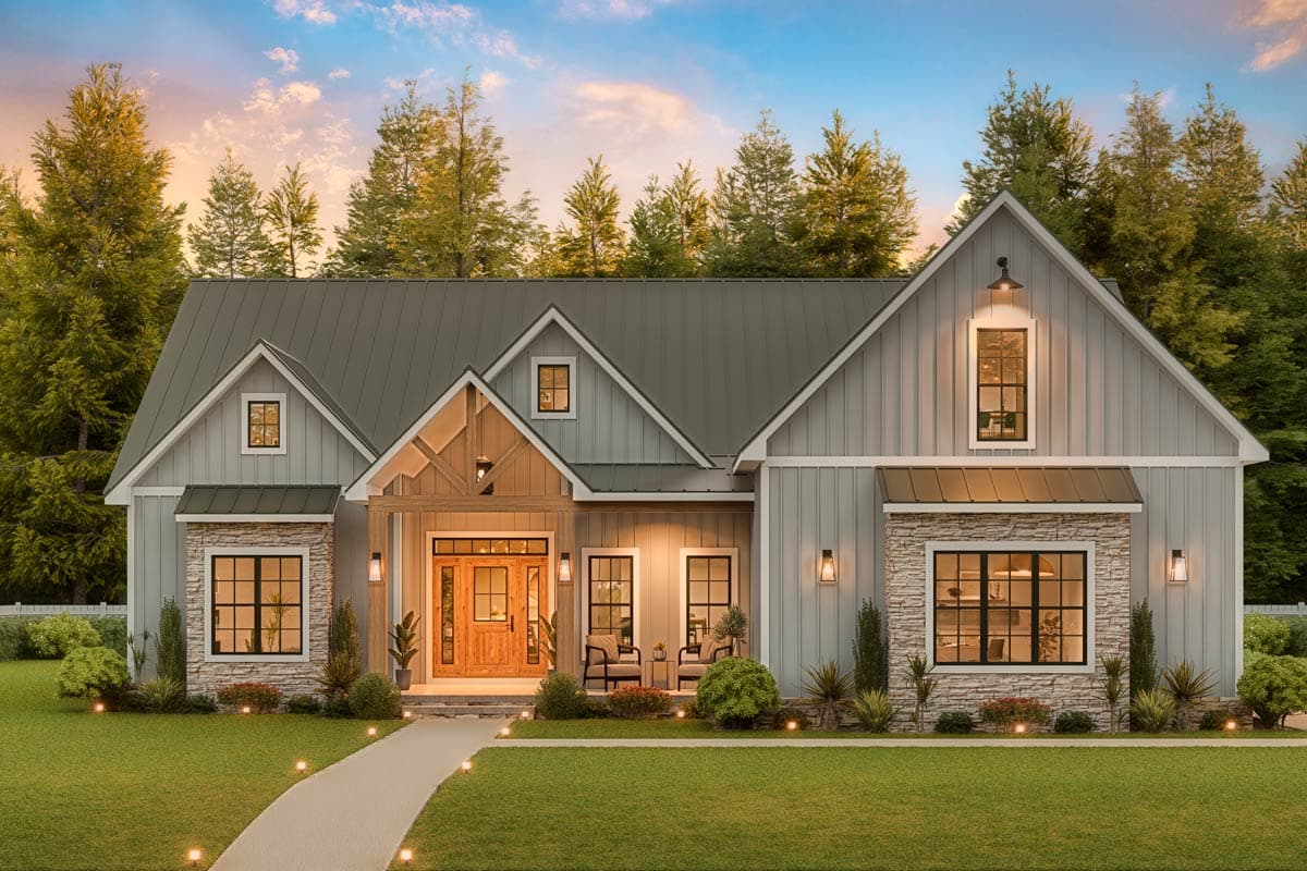 Modern Farmhouse house plan exterior with gabled rooflines, board-and-batten siding, stone accents, and covered entry.