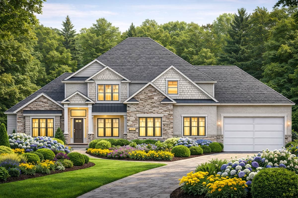 A large, multi-story house with a stone and gray exterior, surrounded by lush landscaping and a paved walkway leading to the front door.