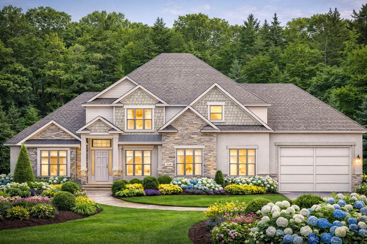 House plan exterior: Two-story home with stone and shingle accents, prominent gables, and a three-car garage.