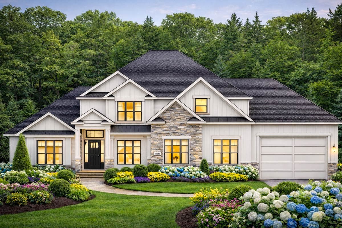 House plan exterior of a two-story Modern Farmhouse with gables, stone accents, and a two-car garage.