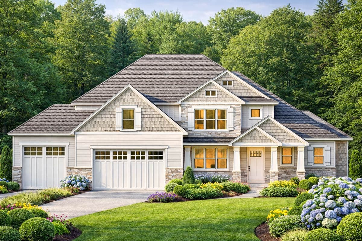 A two-story house with a light-colored facade, surrounded by lush landscaping and a green lawn. A driveway leads to two garage doors.