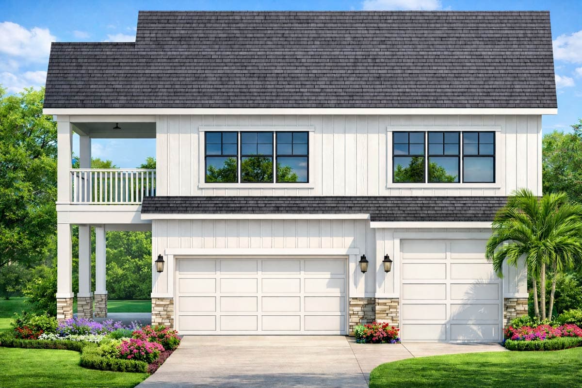 House plan exterior. Two-story Modern Farmhouse with a porch, gabled roof, and two-car garage. Vertical siding and stone accents.
