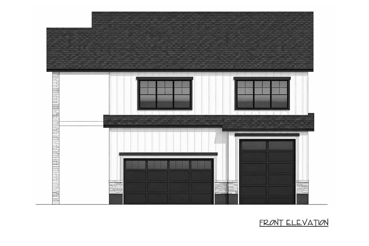 Front elevation of a two-story house plan with white vertical siding, two garage doors, and grid windows.