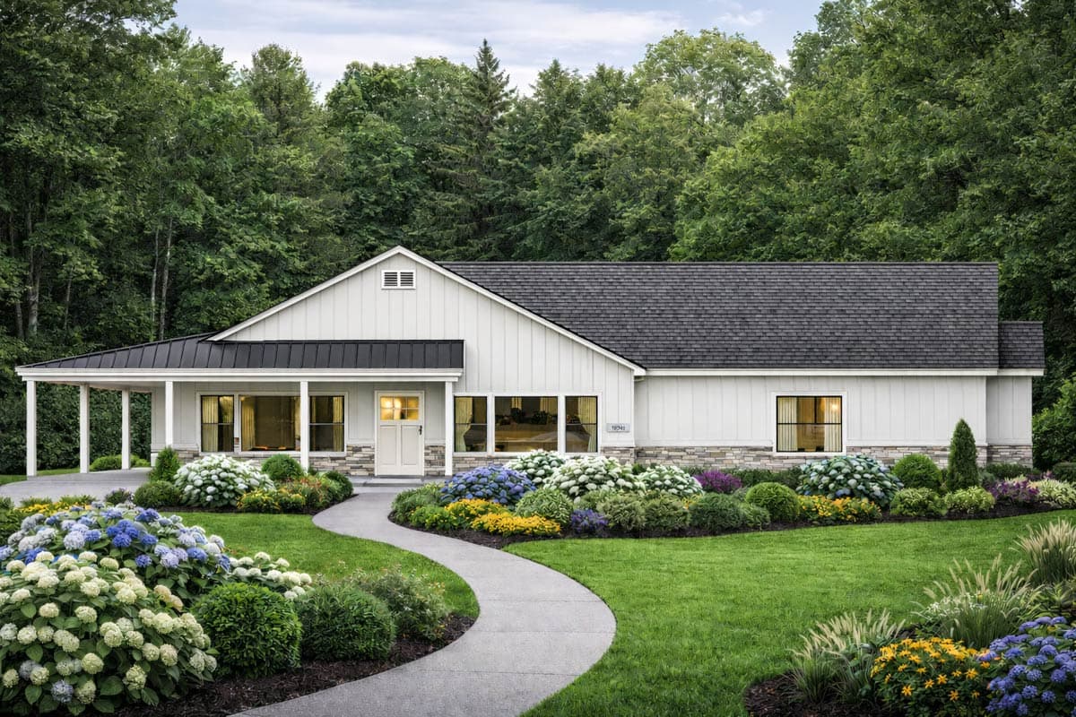 House plan exterior with board and batten siding, metal roof, and carport. Features include a gabled roof and stone facade accents.