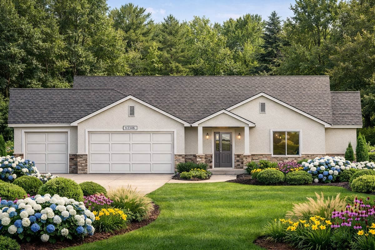House plan exterior of a single-story home with a three-car garage, gabled roofline, stone accents, and a covered entry.