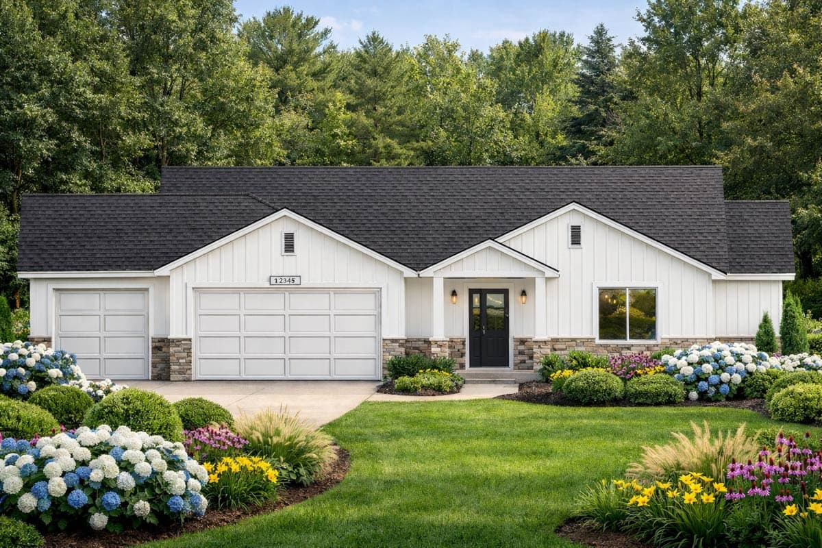 House plan exterior. Modern farmhouse style with a single story, gable roof, stone accents, and two-car garage. Front porch and landscaping.