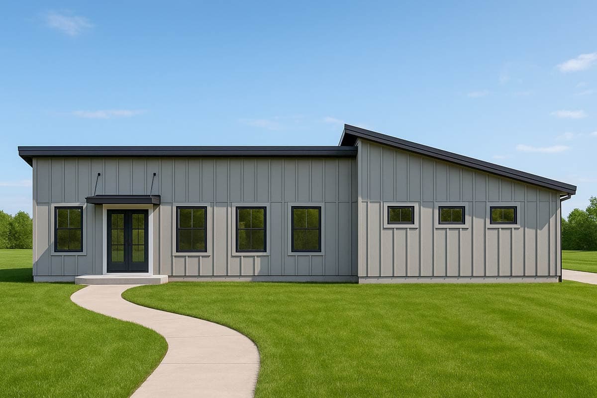 A modern, grey-sided house with a dark roof and black-framed windows. A winding concrete path leads through a green lawn to the front door.