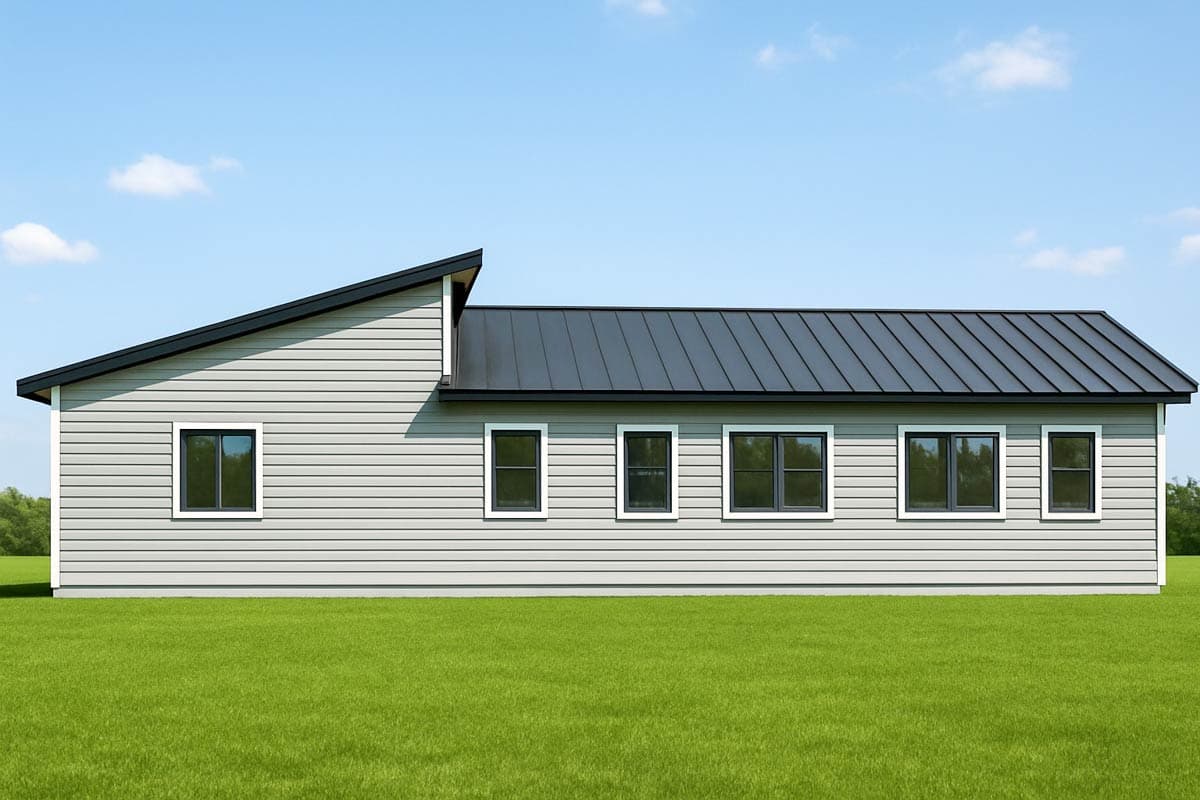 Modern house plan exterior with mono-pitched roof, gray siding, and dark-framed windows.