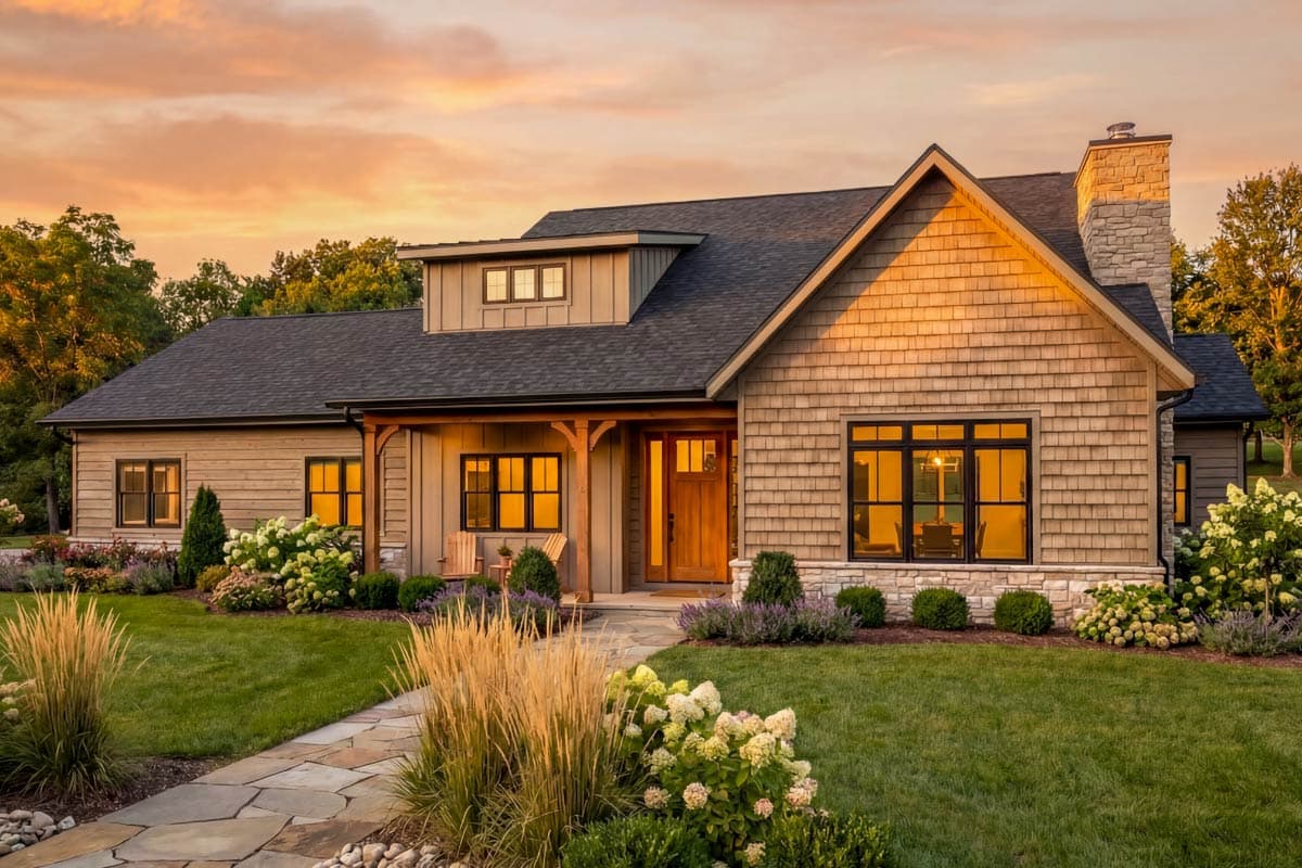 A beautiful two-story house with shingle siding sits at sunset, framed by lush landscaping and a stone pathway leading to a wooden door.