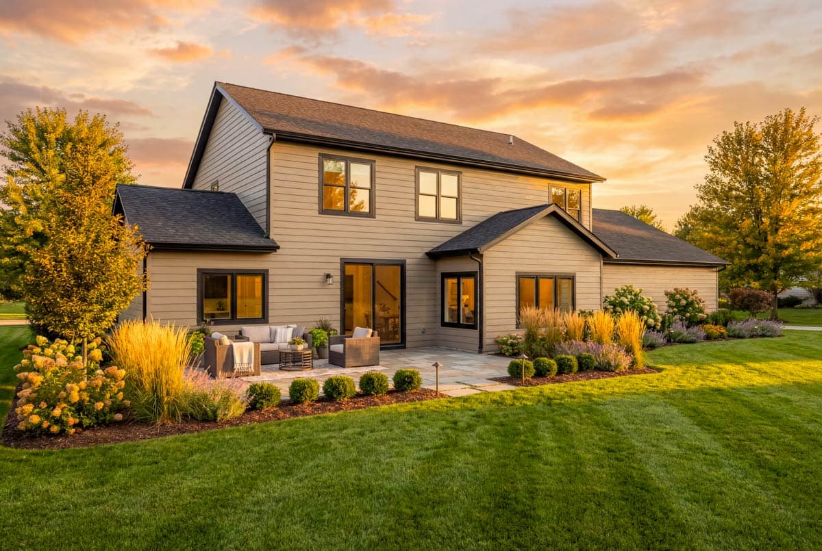 Two-story house plan exterior with siding, gabled roof, multiple windows, and a patio with seating.