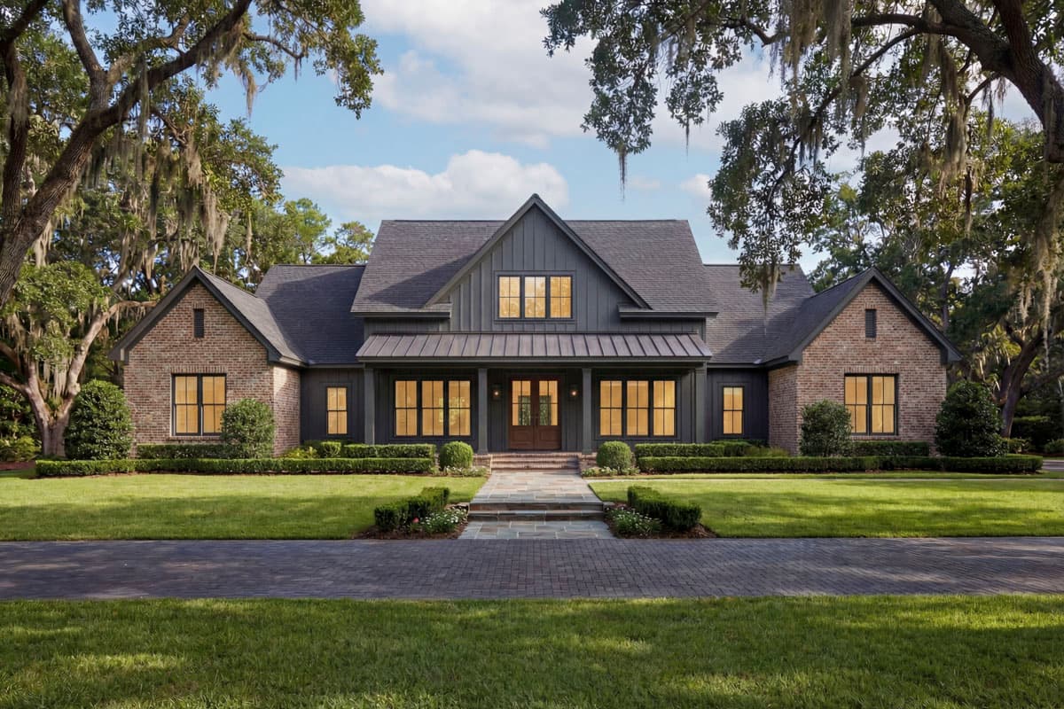 A stately two-story home with a dark gray exterior, brick accents, and a stone walkway. Lush green lawn and mature trees frame the house.