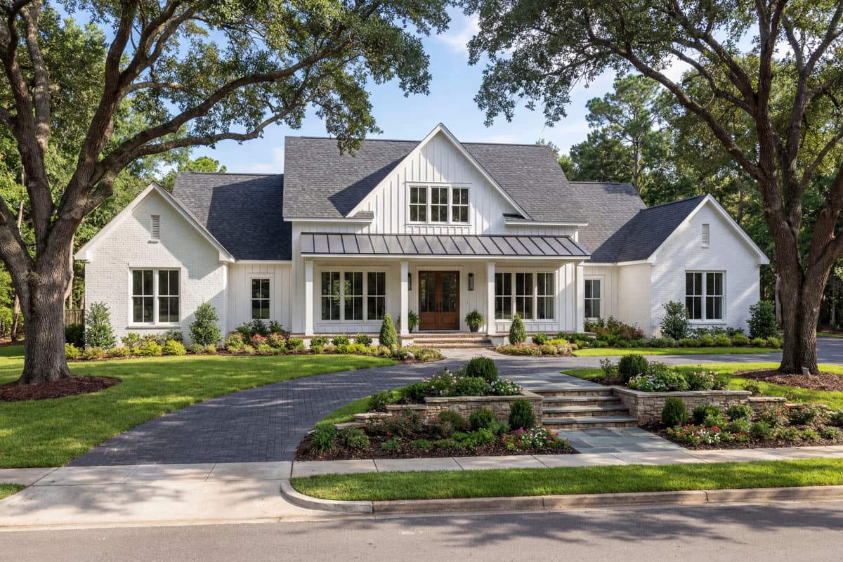 A white farmhouse-style home with a dark roof and a brick driveway. Large trees frame the house and a well-manicured landscape.