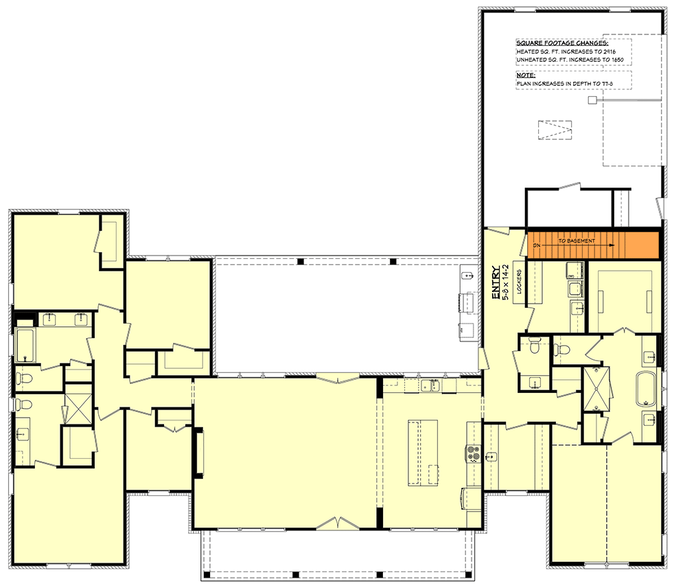 Plan 52029HZ: 4-Bed Modern Farmhouse Plan with Home Office and Outdoor Kitchen - Floor Plan - Basement Stairs Location - Country, Farmhouse, Modern Farmhouse, New American