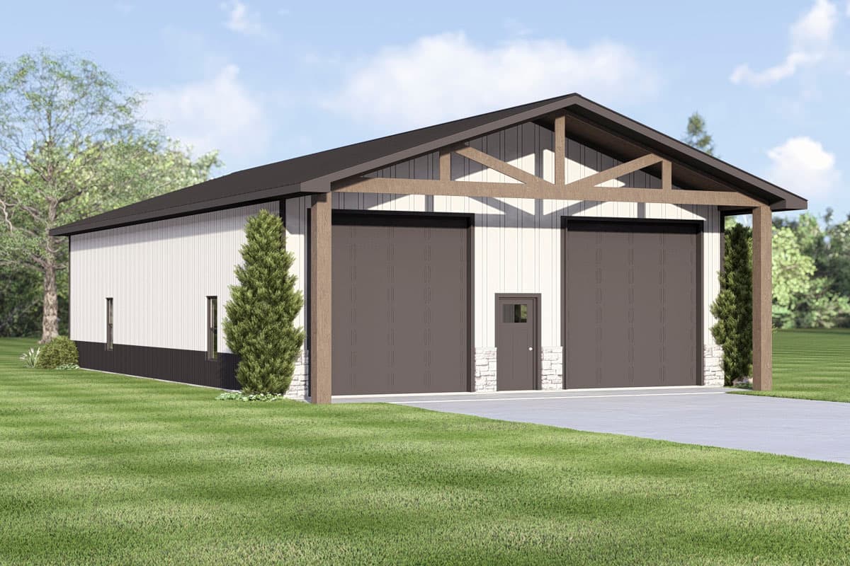 A modern, two-door garage with a brown roof and doors, set on a green lawn with trees in the background under a blue sky.