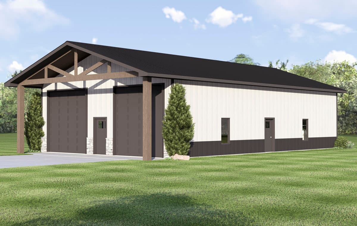 House plan exterior: Single-story building with metal siding, large garage doors, and exposed timber roof trusses on a covered porch.