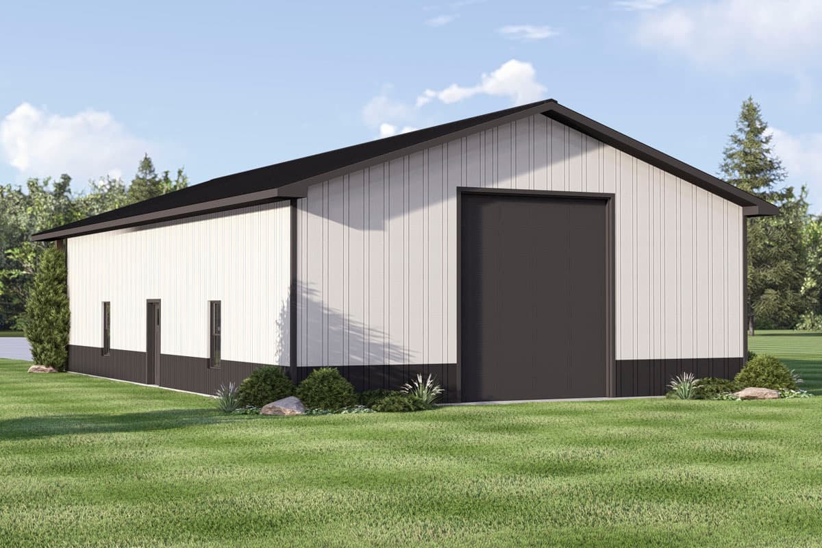 House plan exterior: Modern barn with white vertical siding, dark trim, and a large roll-up door.