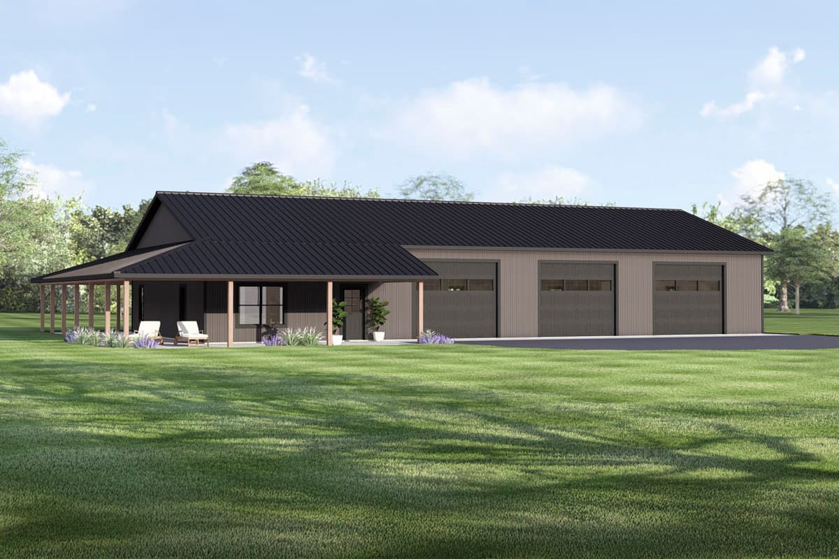 A modern farmhouse design with a dark roof and a covered porch. Adjacent are three garage doors. Lush green lawn and trees surround it.