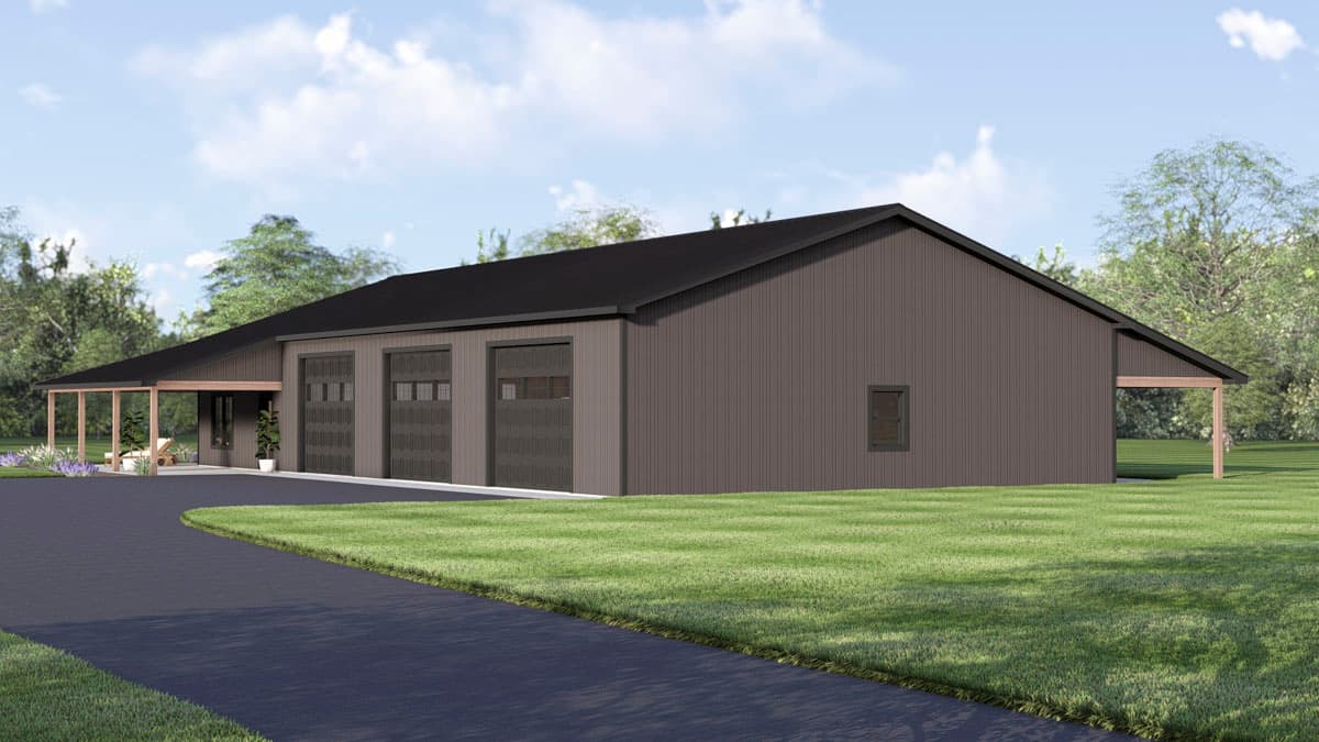 House plan exterior of a long, single-story building with a dark metal exterior, a gable roof, three garage doors, and covered porches on both ends.