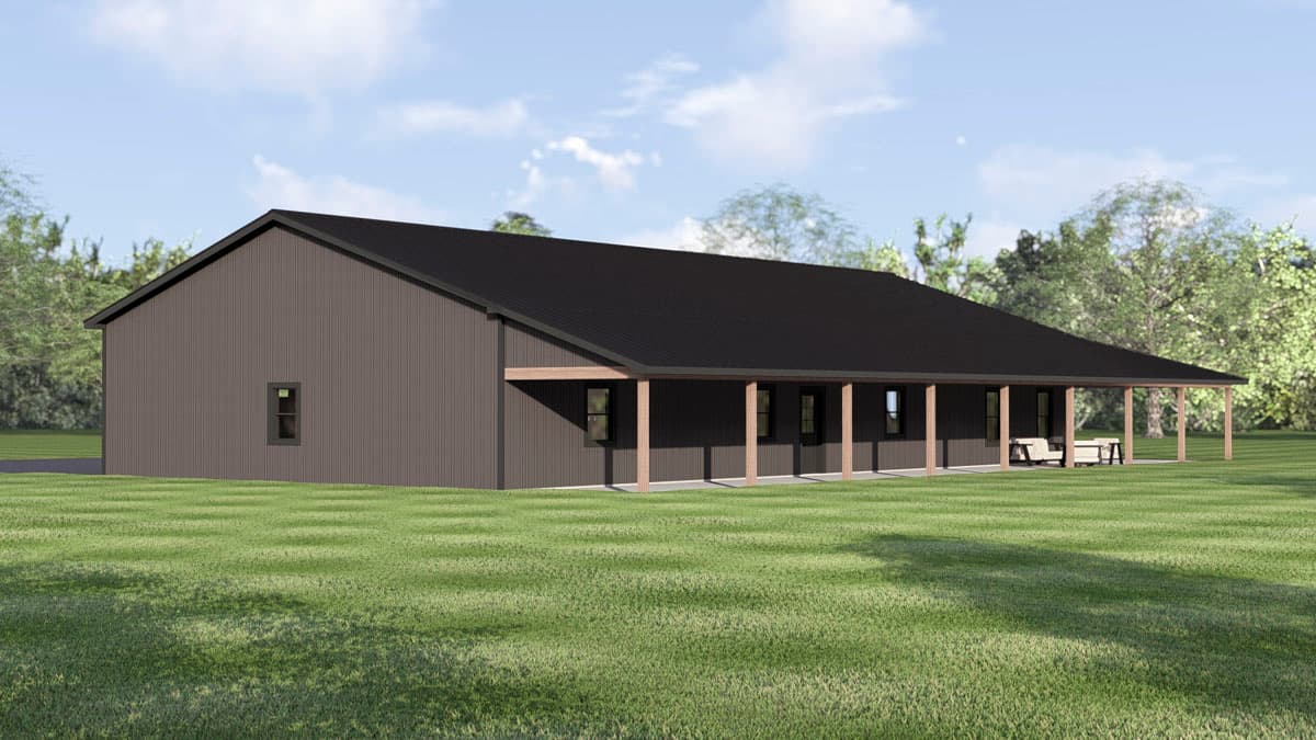 House plan exterior: Single-story ranch with a dark metal roof, brown vertical siding, and a long covered porch with wood columns.