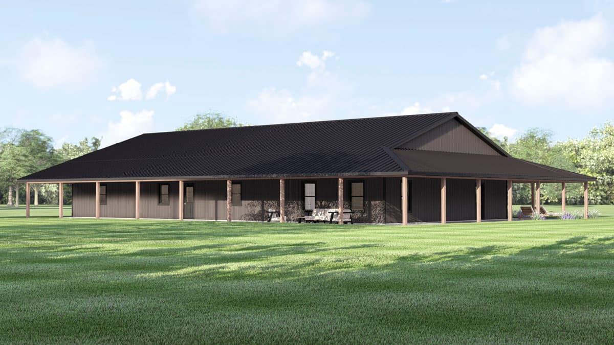 House plan exterior rendering of a one-story Modern Farmhouse with a wraparound porch, dark metal roof, and vertical siding.