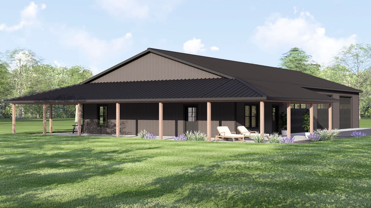 House plan exterior: single-story home with expansive covered porch, dark metal roof, and a two-car garage.