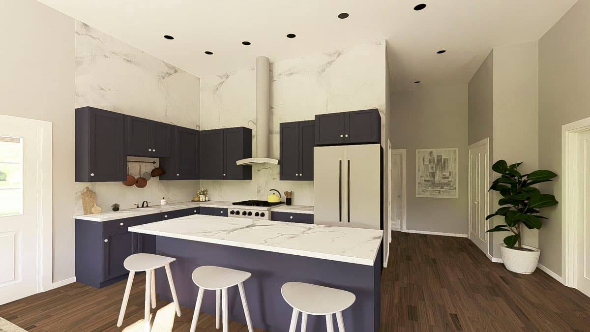 Kitchen with dark cabinets, marble island with stools, stainless steel range hood, and marble backsplash.