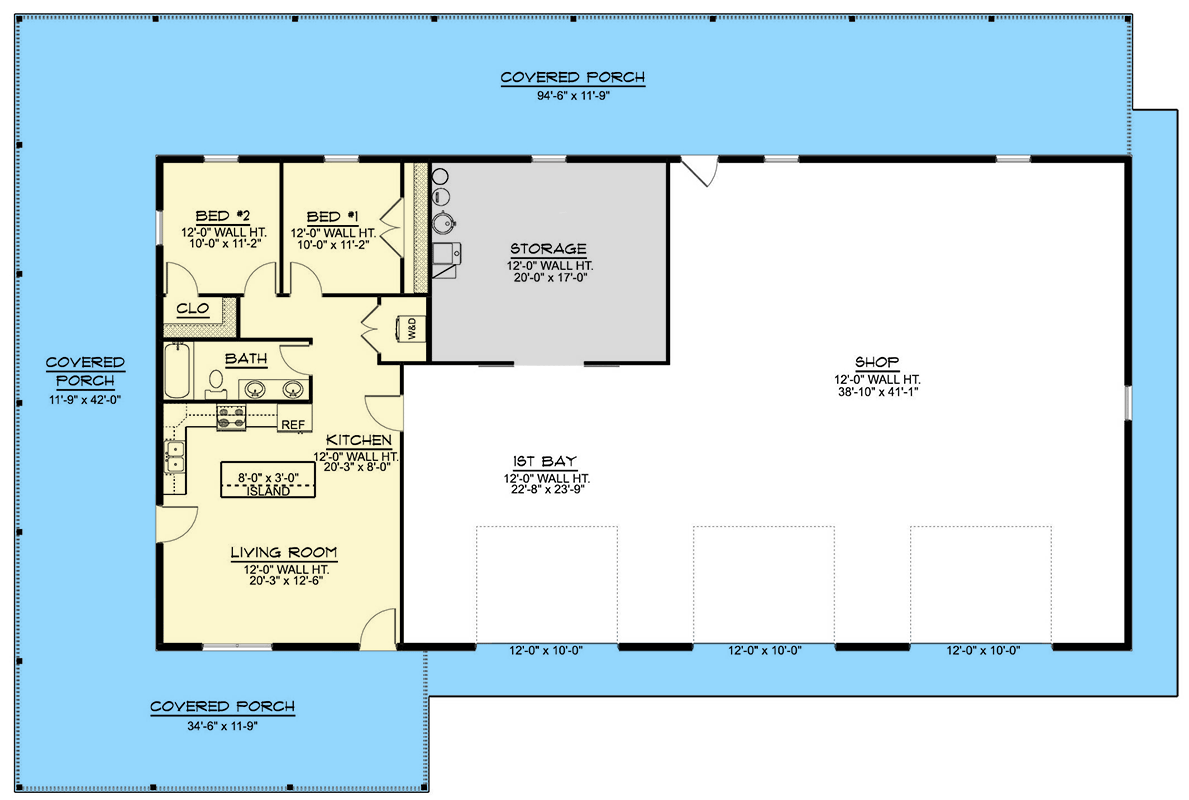 Plan 135414GRA: 2-Bedroom Barndominium House Plan with Massive 2,561 Square Foot Garage - Floor Plan - Main Level - Barndominium, Country, Craftsman, Ranch