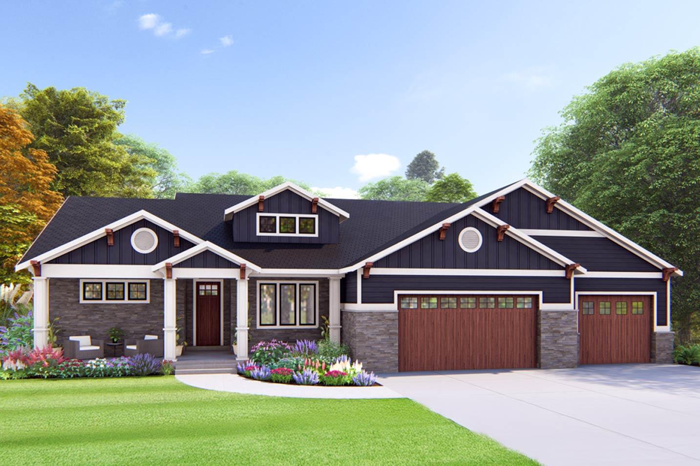 House plan exterior: Modern Farmhouse style, single-story, with a covered front porch, stone accents, dormers, and a three-car garage.