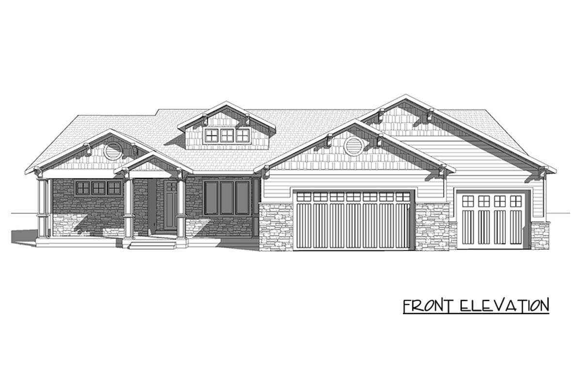 Front elevation of a one-story house plan with stone accents, a covered entry porch, dormers, and a two-car garage.