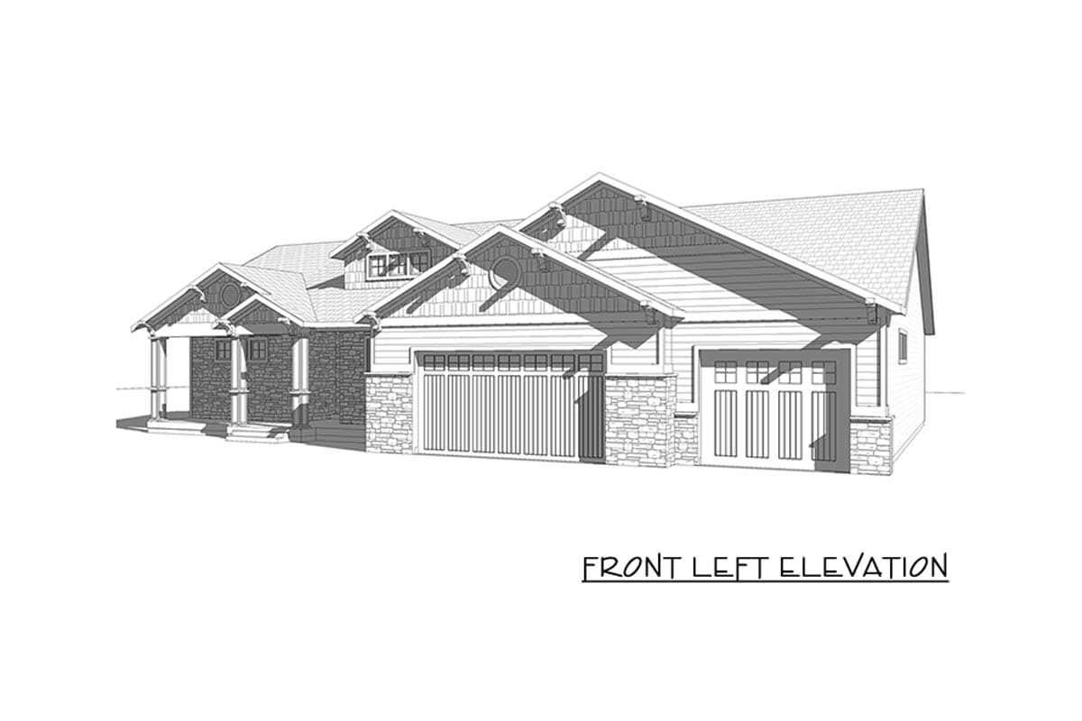 Front left elevation drawing of a house plan with a covered porch, stone accents, gables, and a three-car garage.