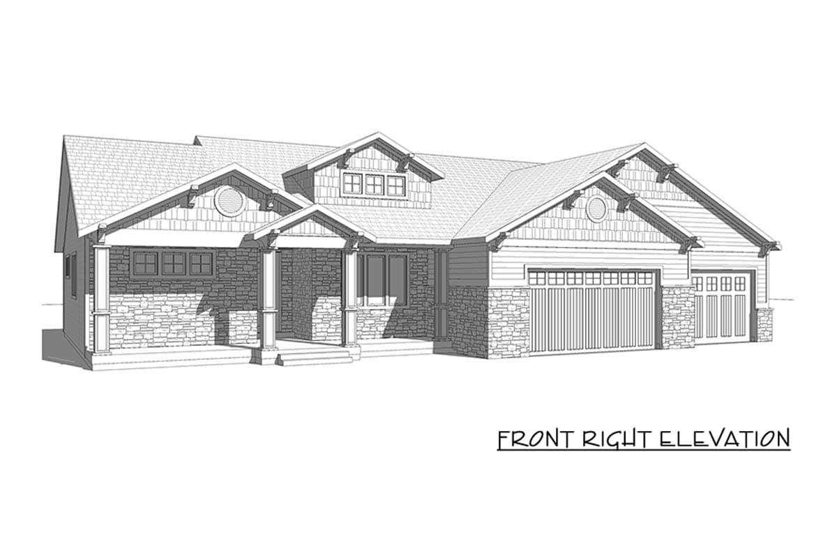 Front right elevation of a one-story house plan with stone and shingle siding, gables, dormers, and a two-car garage.