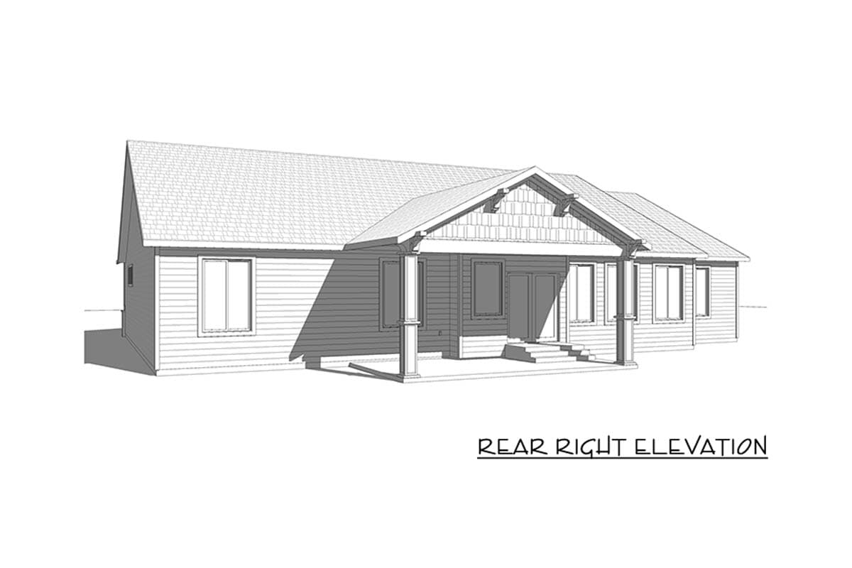 Rear right elevation of a one-story house plan with a covered porch, gabled roof, and shingle siding details.