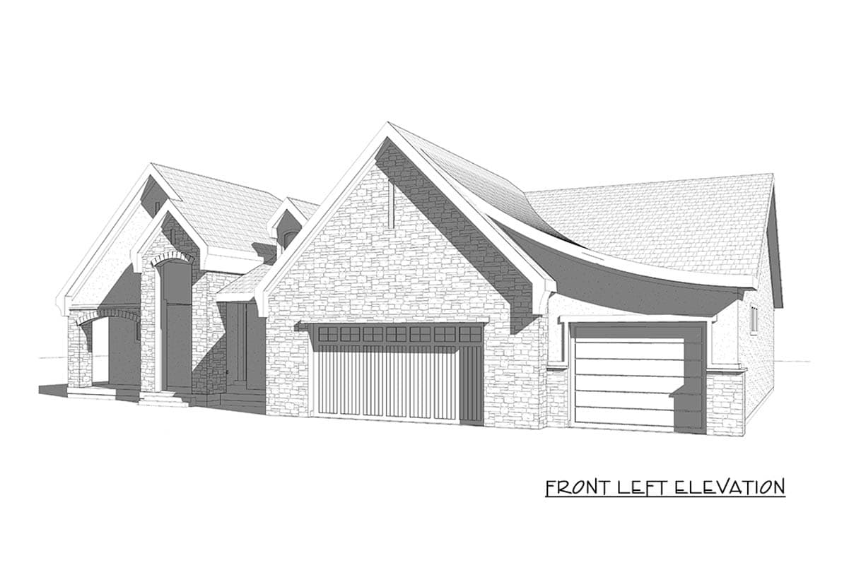 Front left elevation drawing of a house plan with stone facade, multiple gables, arched entry, and two garage doors.