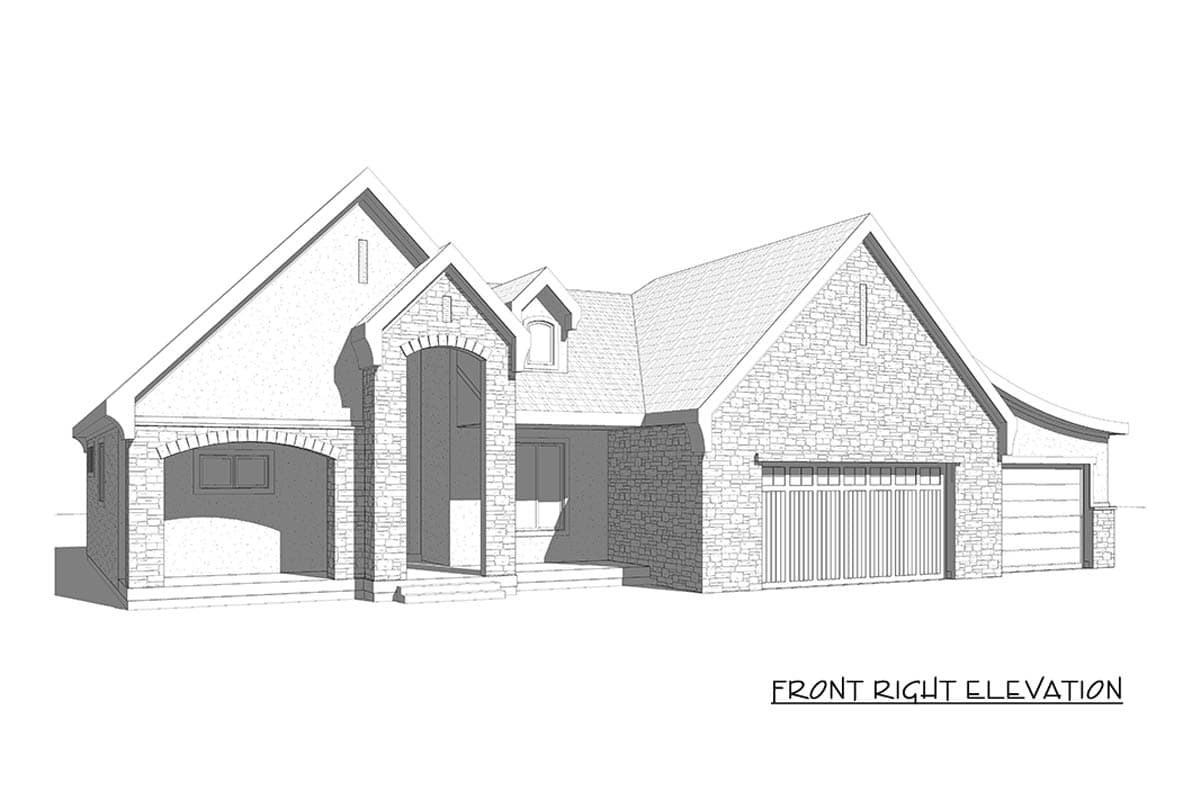 Front right elevation drawing of a stone-clad house with a covered entry, multiple gables, and a two-car garage.