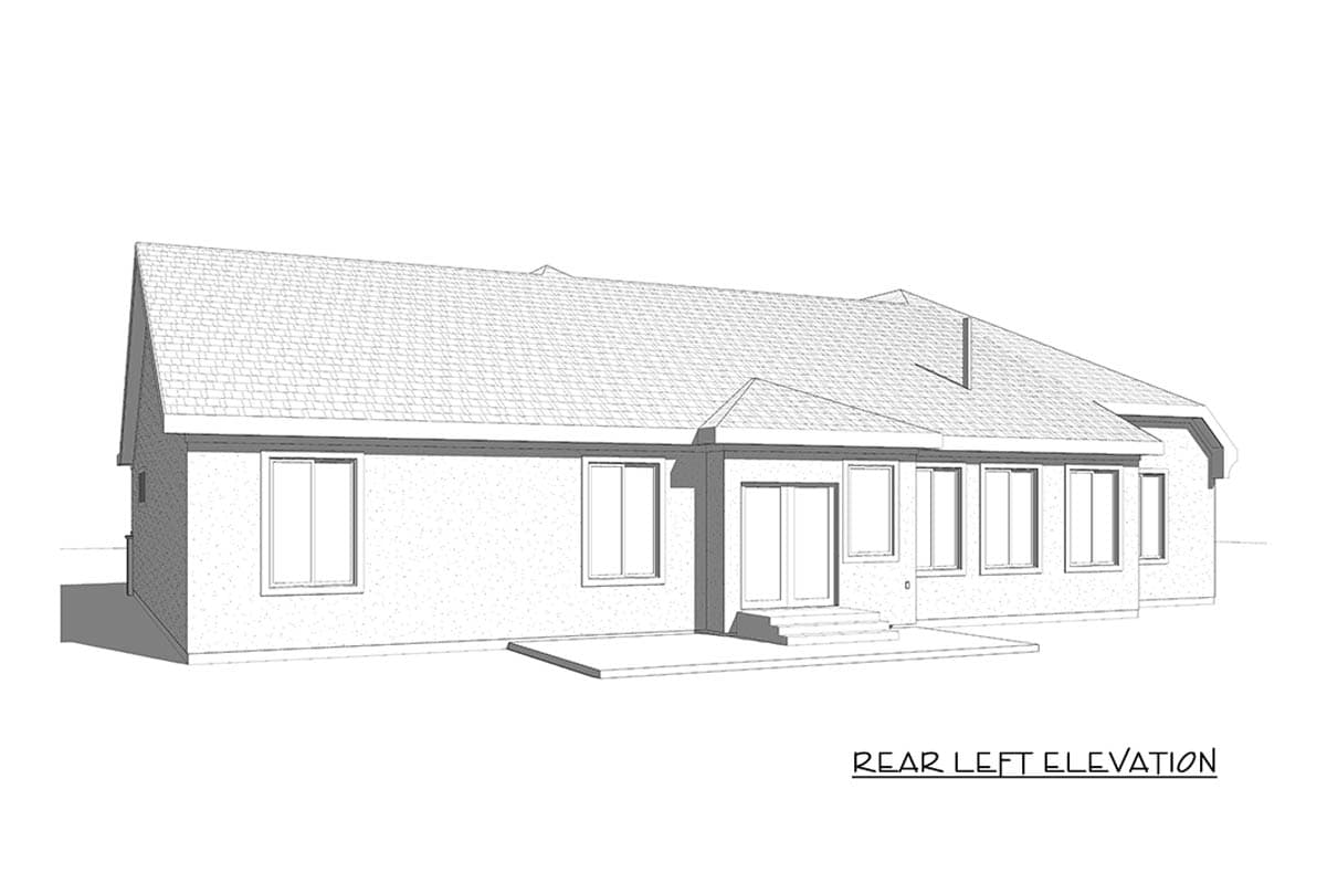 Rear left elevation drawing of a single-story house with a gable roof, multiple windows, and a double door leading to a patio.