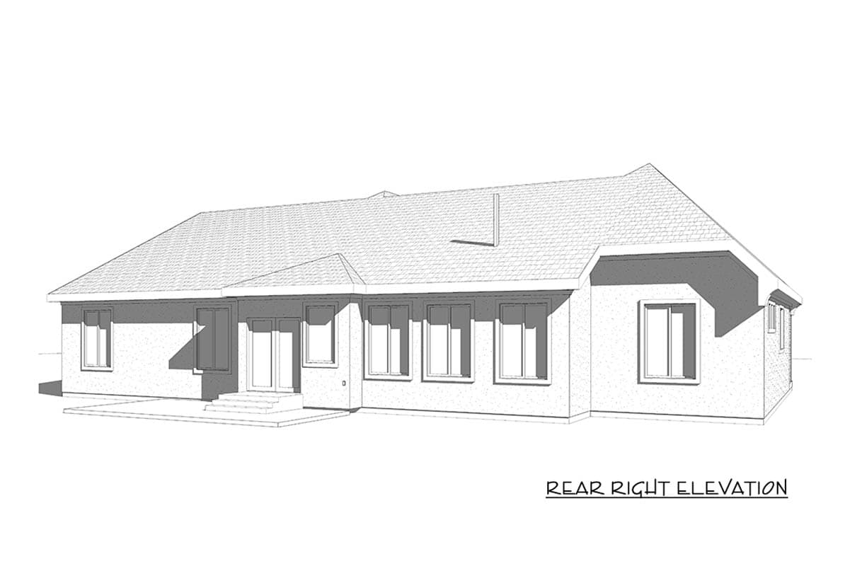 Rear right elevation of a single-story house plan featuring a hipped roof, multiple windows, and double doors with a small patio.