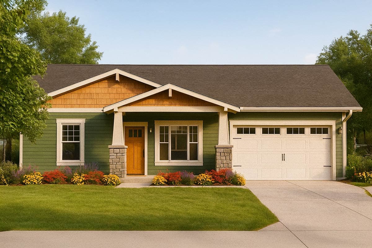 A craftsman-style house with green siding, a brown shake roof, and a welcoming entrance. The home has a well-manicured lawn and colorful flower beds.