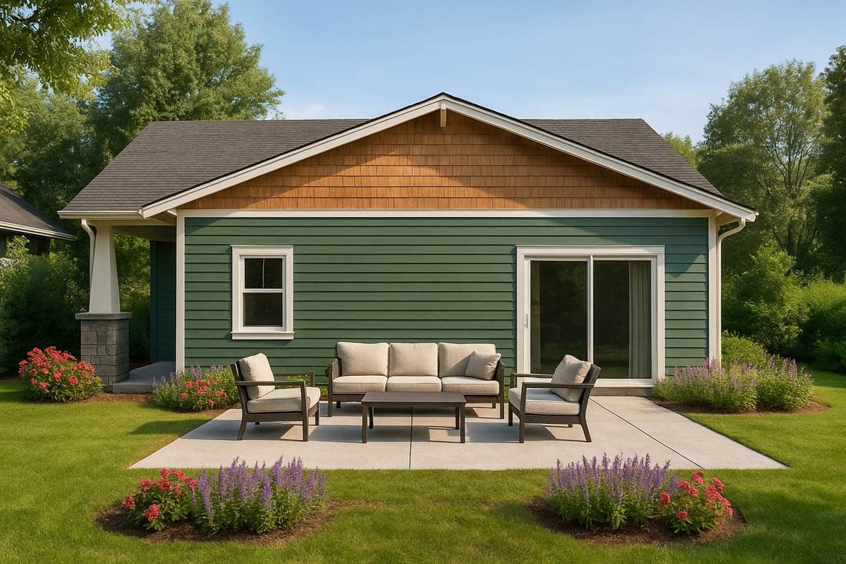 House plan exterior: one-story house with green horizontal siding, wood shingle gable, and covered front entrance with stone accent.