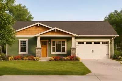 909 Square Foot Two Bed Craftsman Bungalow Plan with Garage