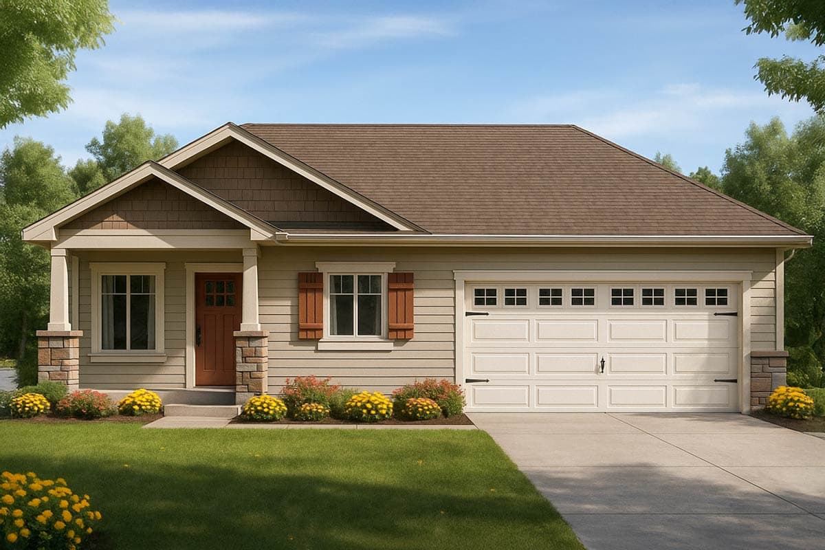 A beige-sided suburban house with a brown roof and a two-car garage. A well-manicured lawn and landscaping with a blue sky background.