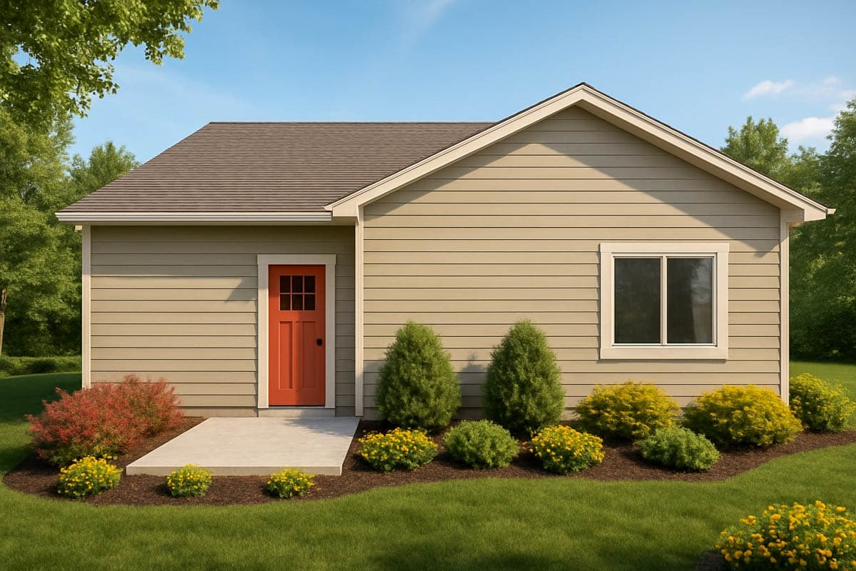 Modern Farmhouse house plan exterior with tan siding, a prominent orange front door, and a simple gable roofline.